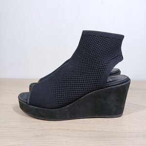 Eileen Fisher Black Knit Open Toe Stretch Wedge Sandals Platform Heels 309